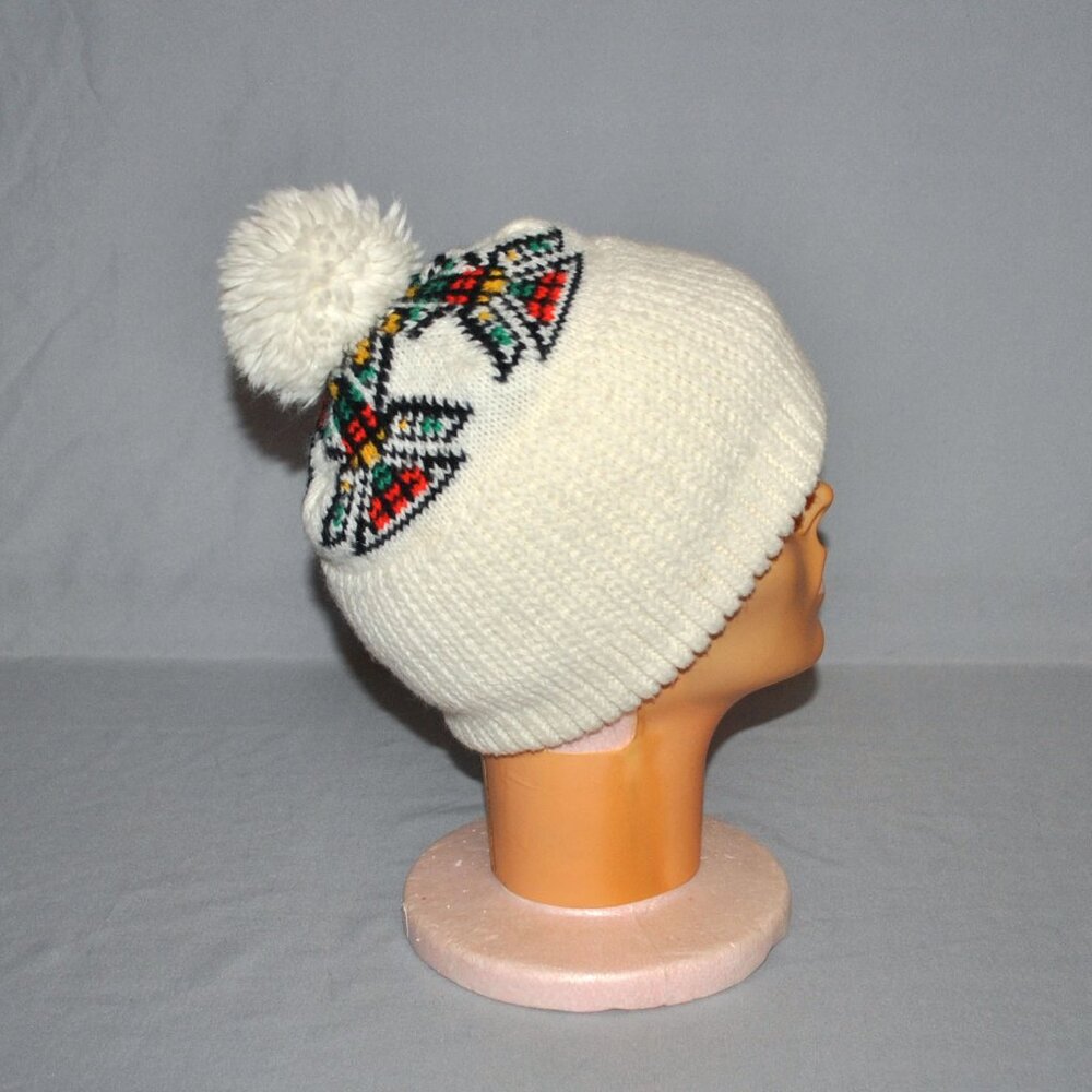 Vintage Winter Pom Pom Hat Off-white & Multicolor Knit Geometric Beanie Hat